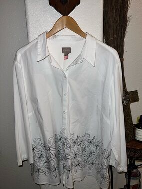 Chico's White Button-Down Shirt with Black Floral Border